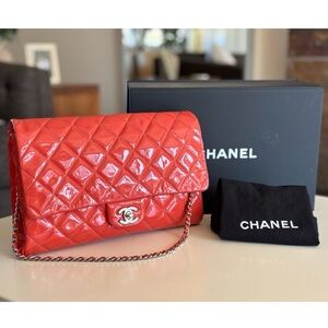 Chanel CC Quilted Patent Flap Clutch Chain Orange Silver Shoulder Bag Purse